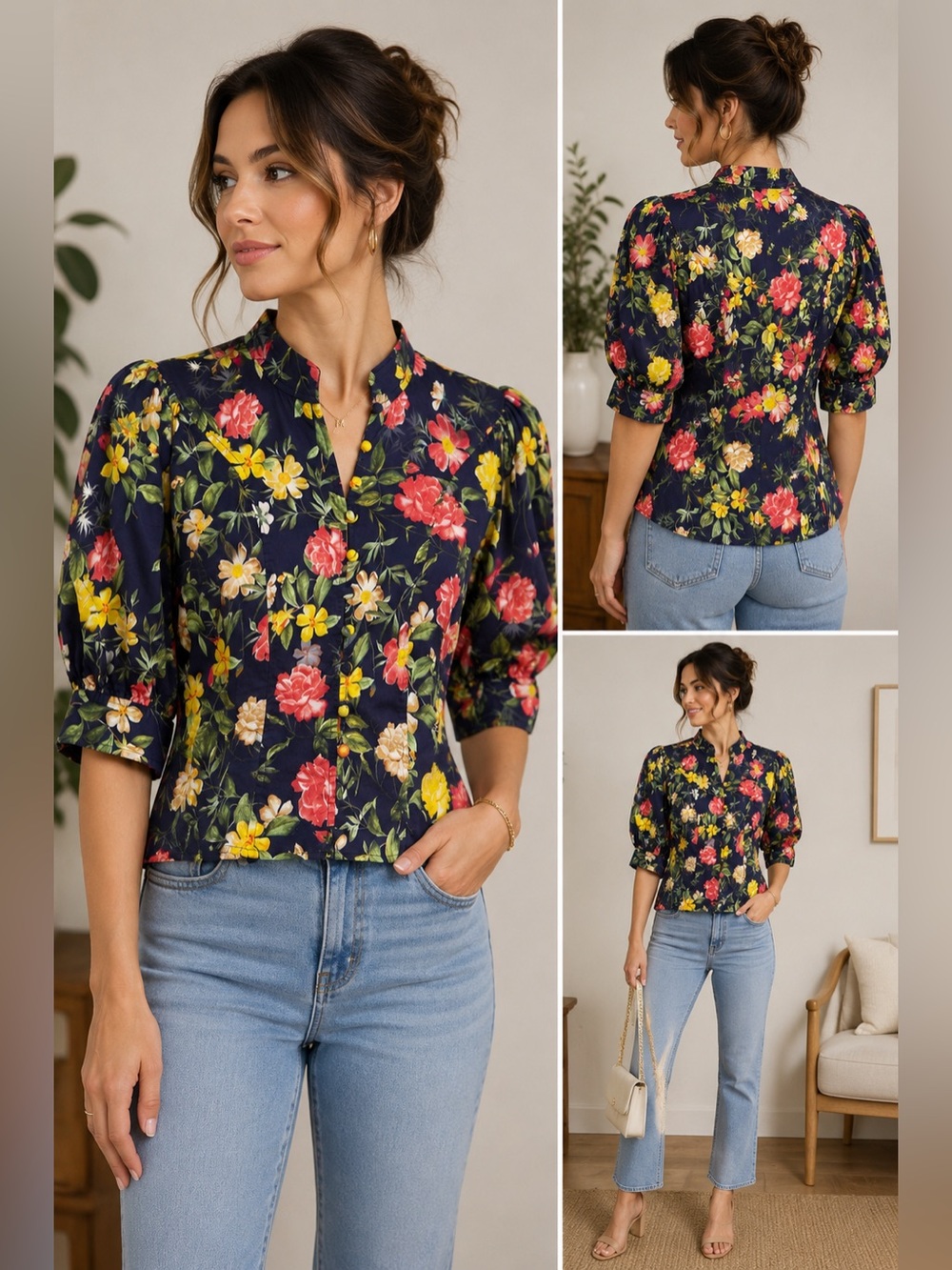 Marissa Webb Navy Floral Blouse Size 8 Puff Sleeve Button Up